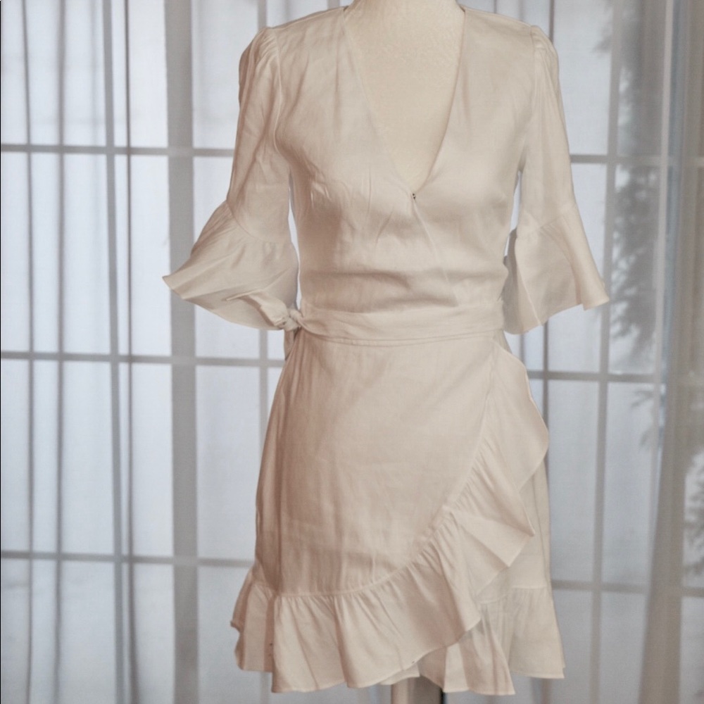 NWT Bebe bright white ruffle wrap mini dress